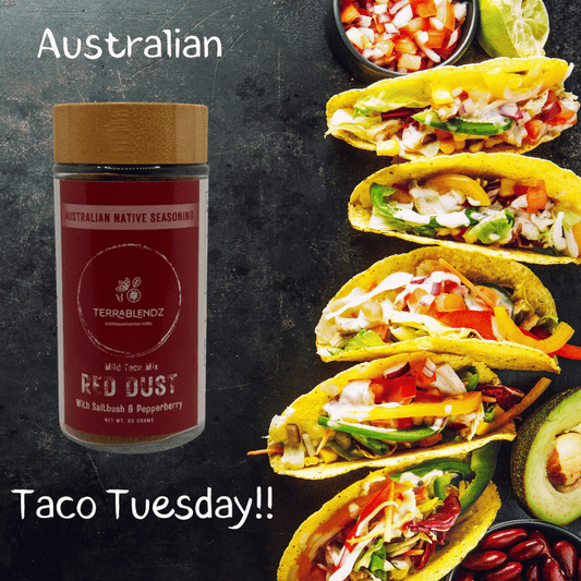 Red dust Mild Taco seasoning jar on a dark background beside Tacos with the words Australian taco Tuesday!!