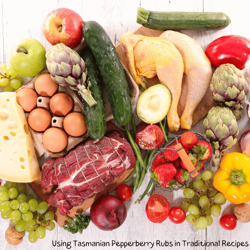 Tasmanian Pepperberry Rub: Array of meat and vegetables.