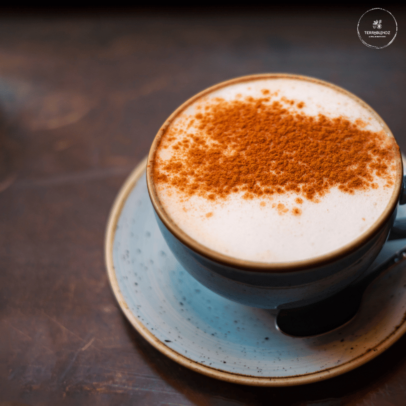 Terrablendz Lemon Myrtle Drink Recipes: Chai Latte in Mug on Saucer.