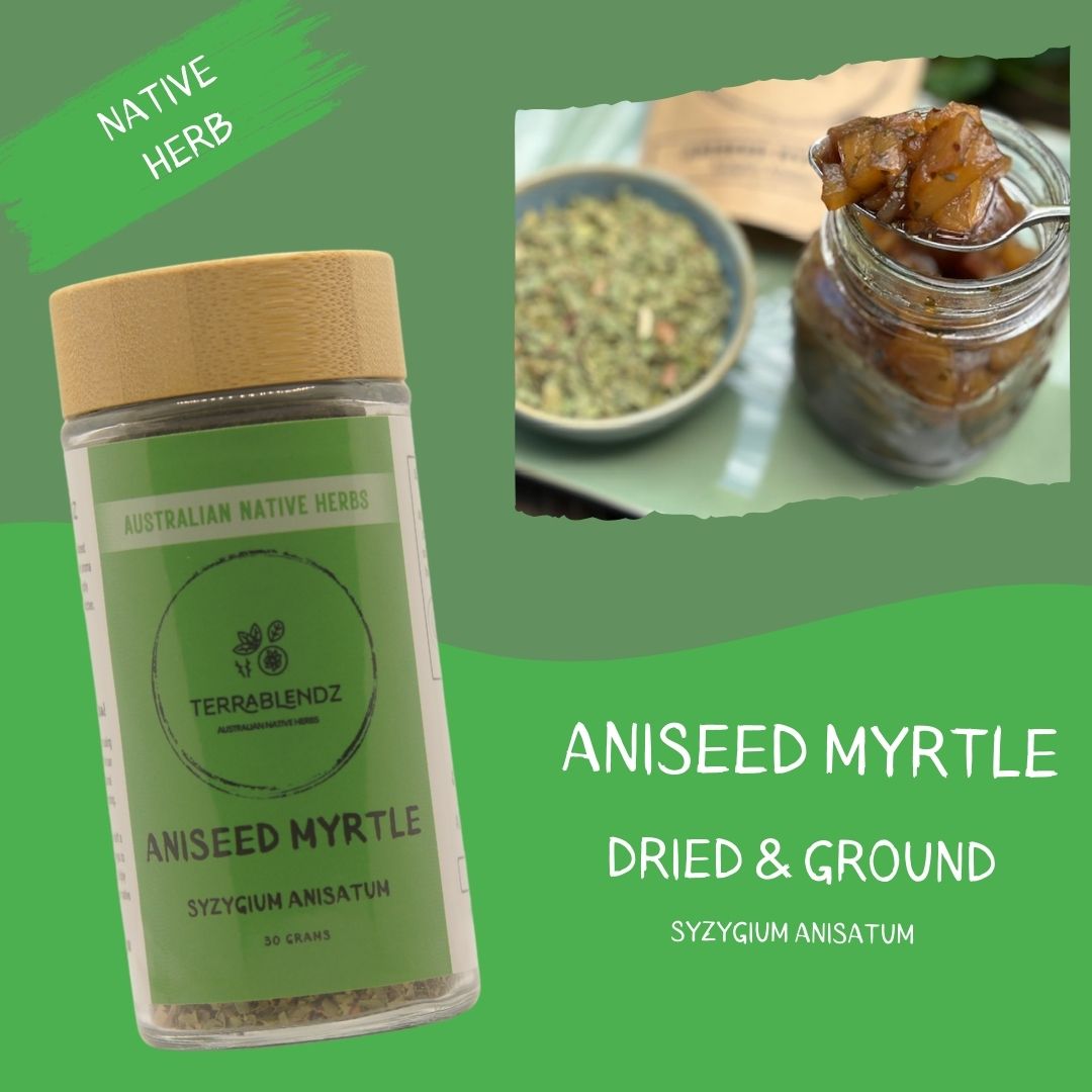 Jar of aniseed myrtle with a green background and additional images of the product.