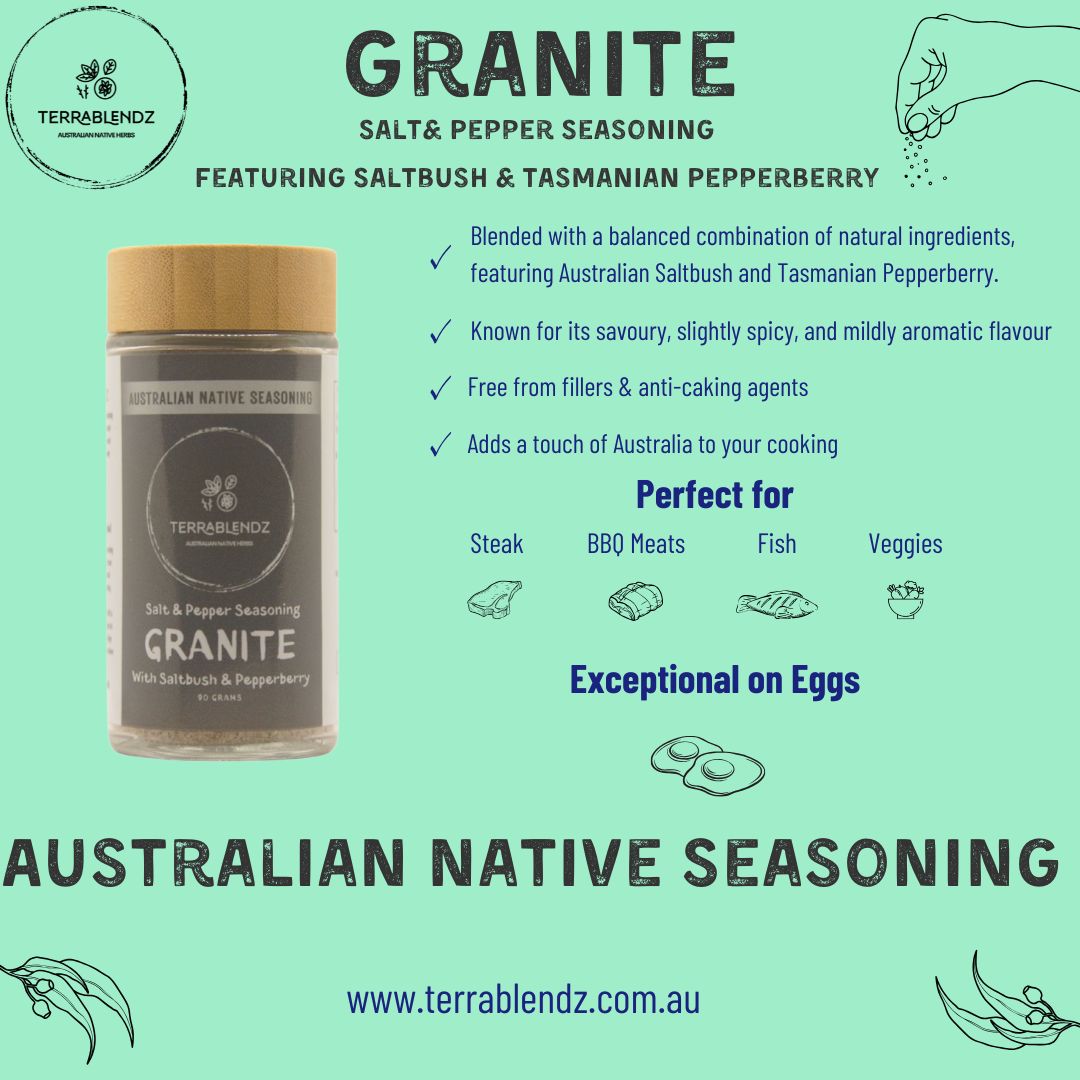 Granite Salt & Pepper Seasoning (with Saltbush & Pepperberry) Informational Flyer