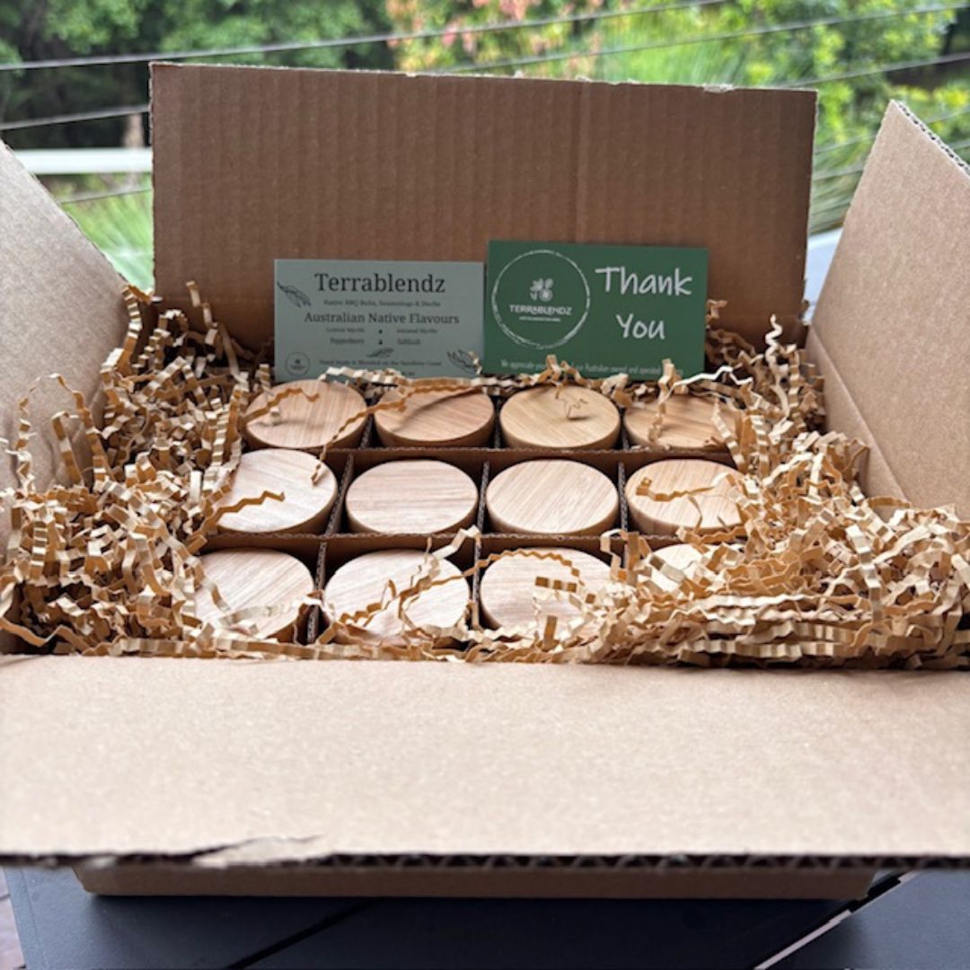 Terrablendz native herb jars in a packaging box and thank you cards