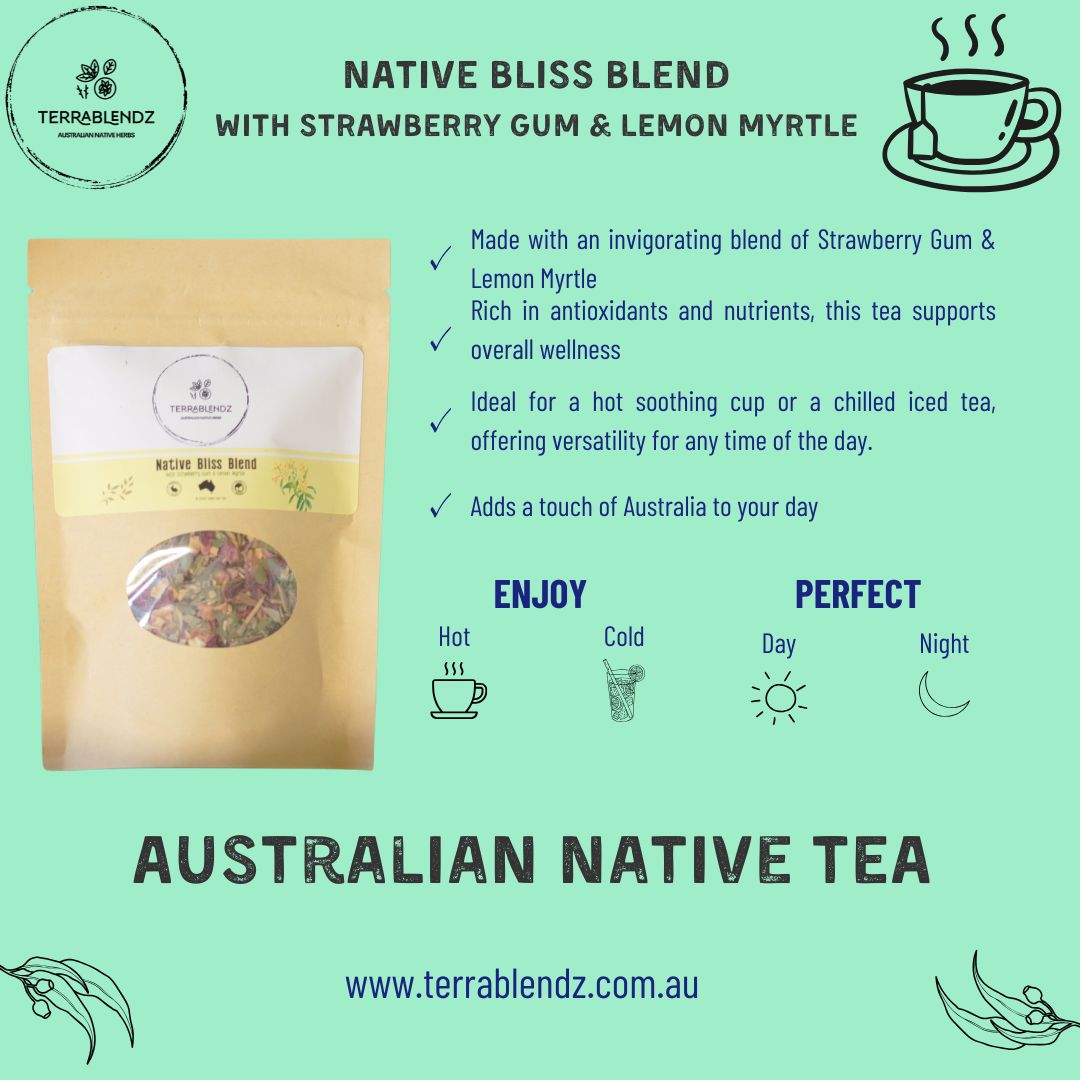 Native Bliss Blend with Strawberry Gum & Lemon Myrtle Informational Flyer.
