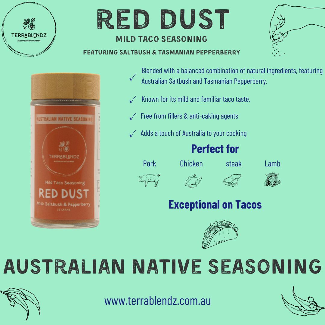 Red Dust Mild Taco Seasoning (with Saltbush & Pepperberry) Informational Flyer.