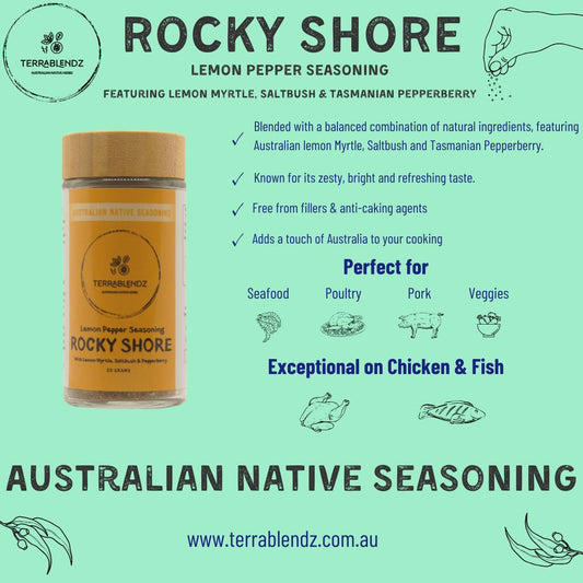 Rocky Shore Lemon Pepper Seasoning (With Lemon Myrtle, Saltbush & Pepperberry) informational Flyer.