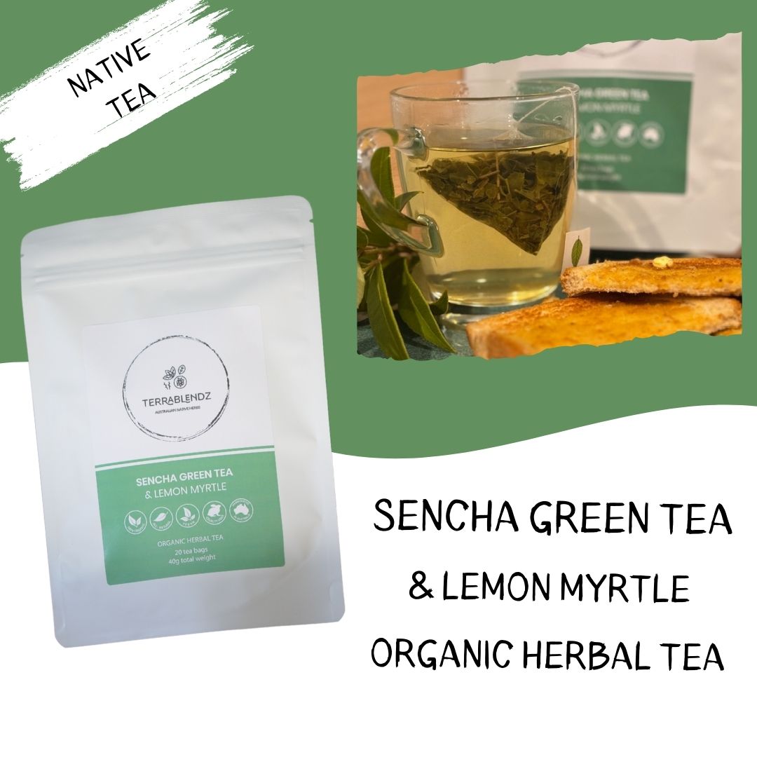 Sencha Green Tea & Lemon Myrtle Organic Herbal Tea.