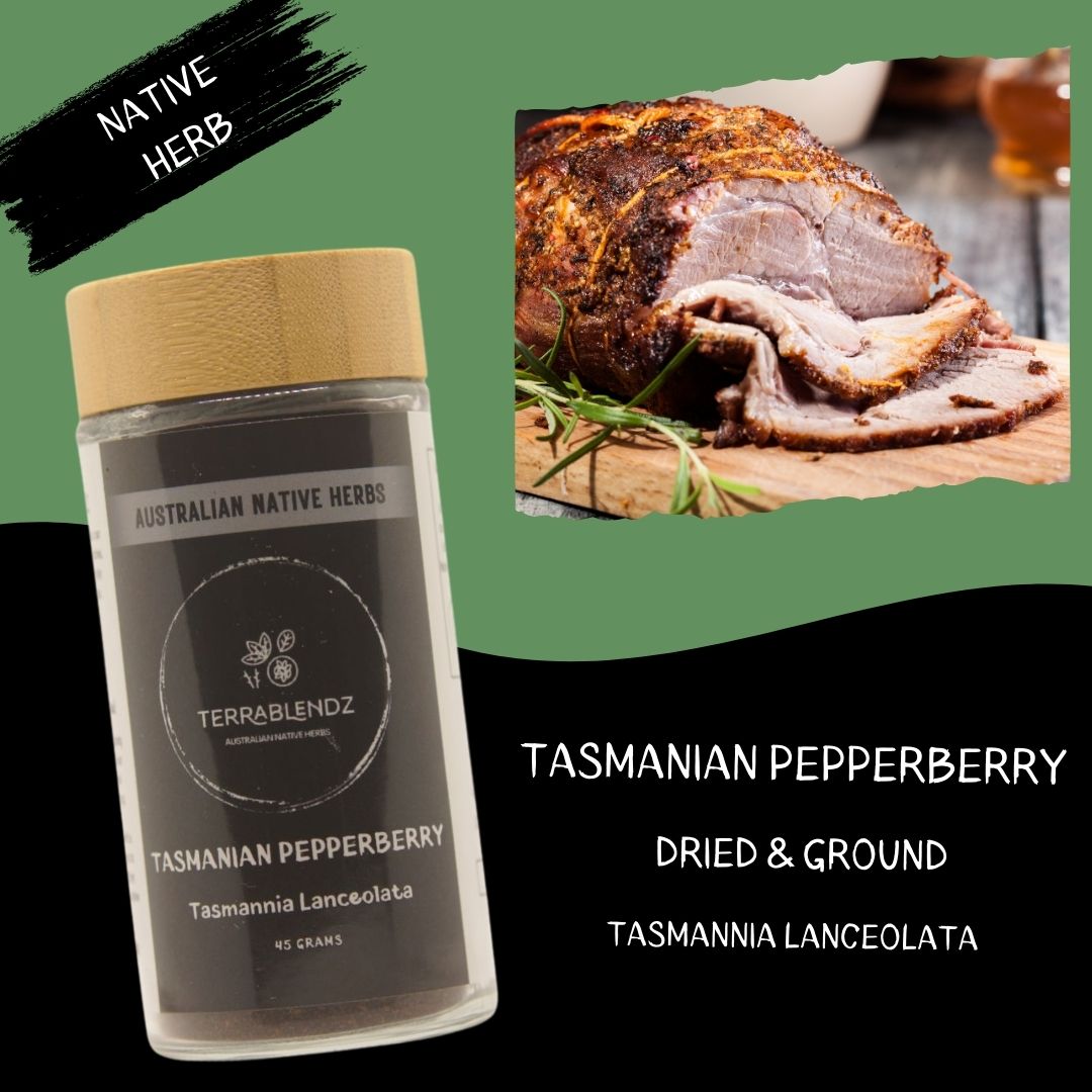 Terrablendz Tasmanian Pepperberry spice container with roasted meat on a wooden board