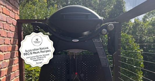 Australian native BBQ with Saltbush and Pepperberry seasoned meats cooking on a porch