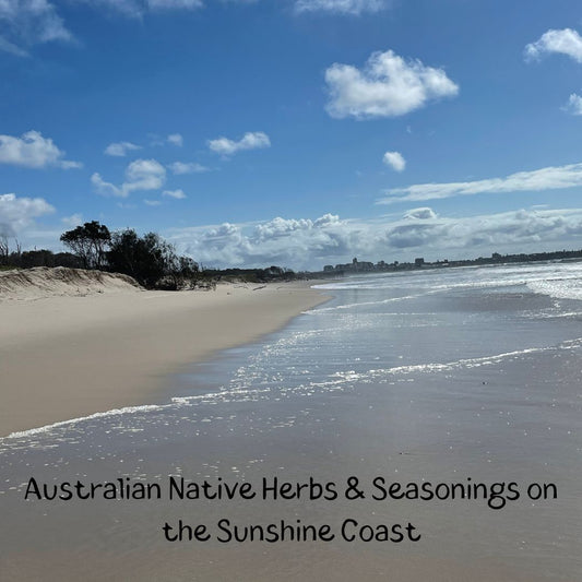 Beach Scene with the words Australian Native Herbs & Seasonings on the Sunshine Coast.