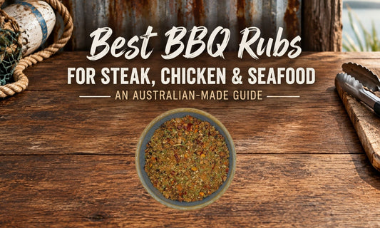 Terrablendz Australian-made BBQ rubs for steak, chicken and seafood displayed on a rustic wood background with seasoning bowl and grilling tools