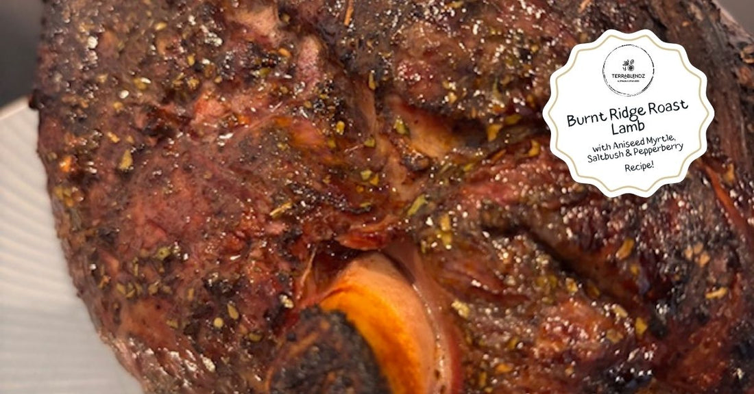 Roast lamb seasoned with Terrablendz Burnt Ridge BBQ Rub featuring Australian Aniseed Myrtle, Saltbush and Tasmanian Pepperberry