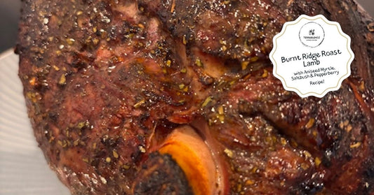 Roast lamb seasoned with Terrablendz Burnt Ridge BBQ Rub featuring Australian Aniseed Myrtle, Saltbush and Tasmanian Pepperberry