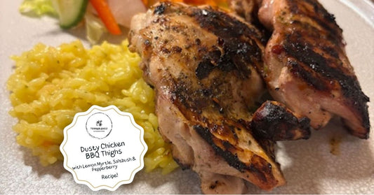 Lemon myrtle BBQ chicken thighs seasoned with Terrablendz Dusty Chicken Poultry Rub — Australian native herb recipe