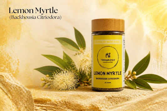 Dried lemon myrtle leaves and powder from Backhousia citriodora — premium Australian native herb by Terrablendz