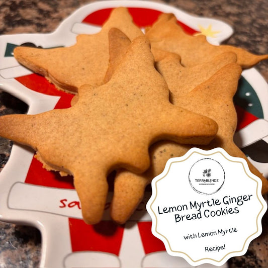 Lemon Myrtle Ginger Bread Cookies on a christmas plate, with Terrablendz logo