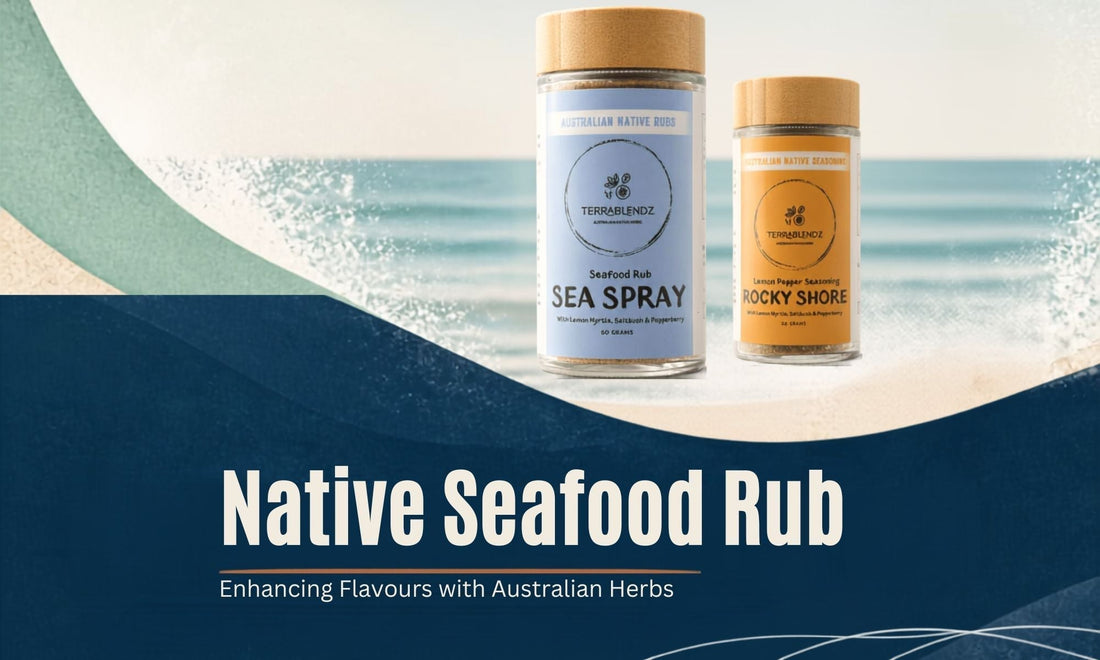 Terrablendz native seafood rub with lemon myrtle, saltbush and Tasmanian pepperberry — Australian herb seasoning for barramundi and prawns