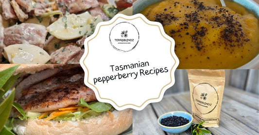 Tasmanian Pepperberry recipes with 4 recipe photos surrounding.