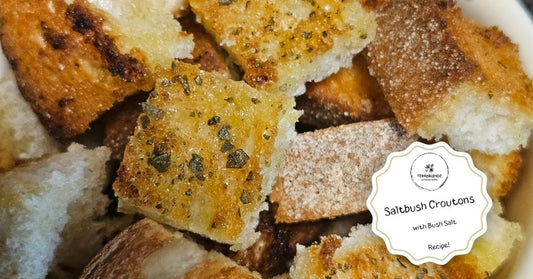 Crispy golden saltbush croutons seasoned with Terrablendz Bush Salt — Australian native herb recipe