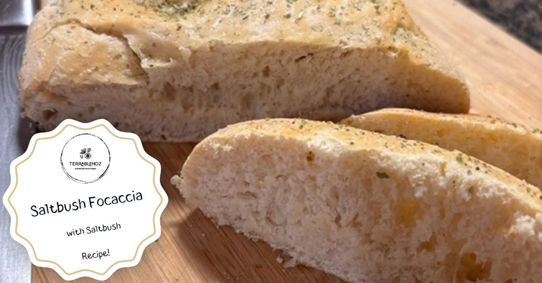 Saltbush focaccia recipe banner featuring golden focaccia topped with dried saltbush