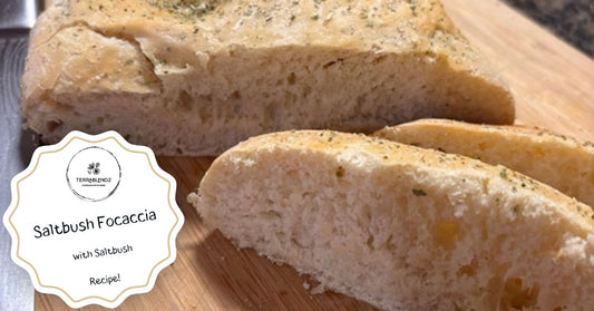 Saltbush focaccia recipe banner featuring golden focaccia topped with dried saltbush