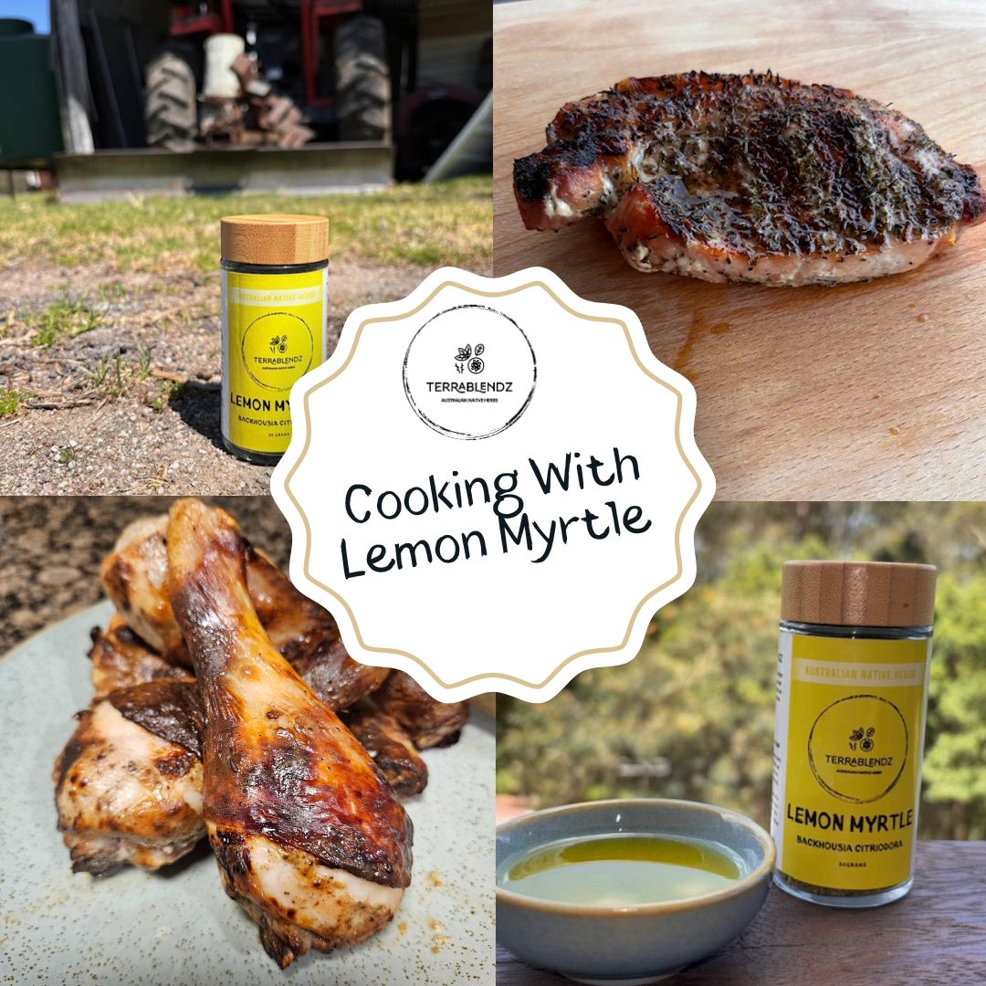 Lemon Myrtle Jars and food with a Cooking with Lemon Myrtle" sign in the middle.