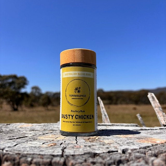 Dusty Chicken Poultry Rub (With lemon Myrtle, Saltbush & Pepperberry) on a stump.