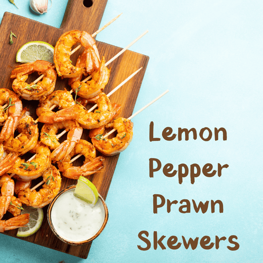 Terrablendz Lemon Pepper Prawn Skewers, on a wooden board.