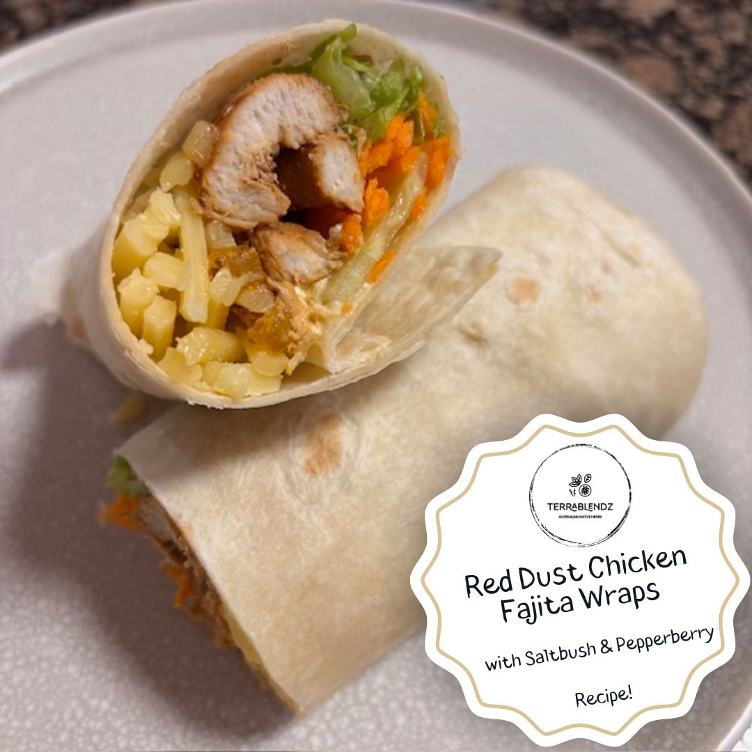 Red Dust Chicken Fajita Wraps with Saltbush and Pepperberry on a plate.