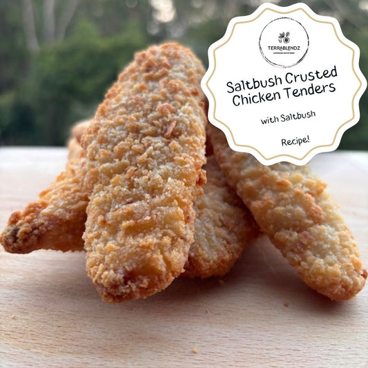Saltbush-Crusted Chicken Tenders on a wooden board