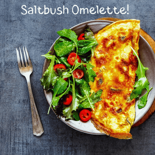 Omelette on a plate with a fork and the words Saltbush omelette.