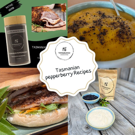 Tasmanian Pepperberry recipes with 4 recipe photos surrounding.