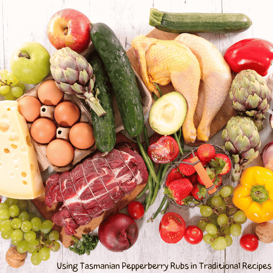 Tasmanian Pepperberry Rub: Array of meat and vegetables.