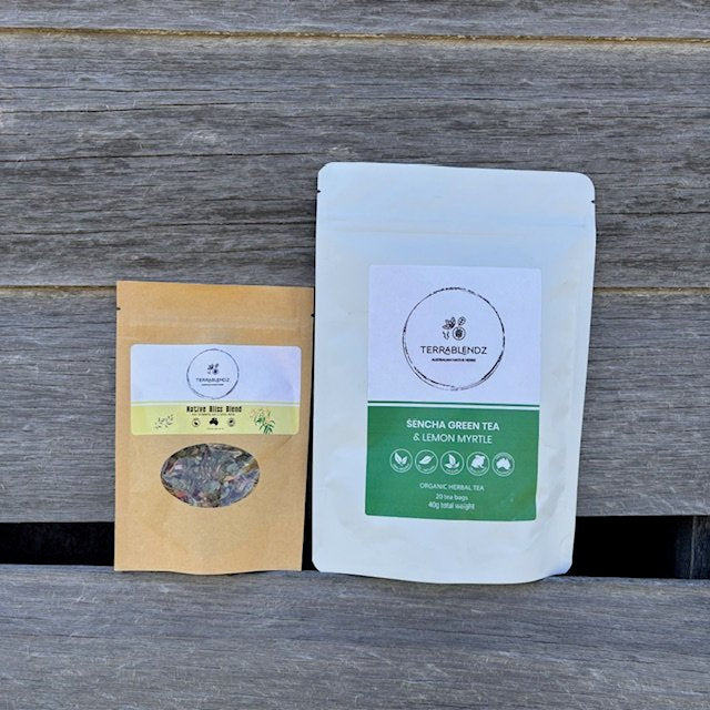 Terrablendz Native Tea Collection on farmhouse timber.