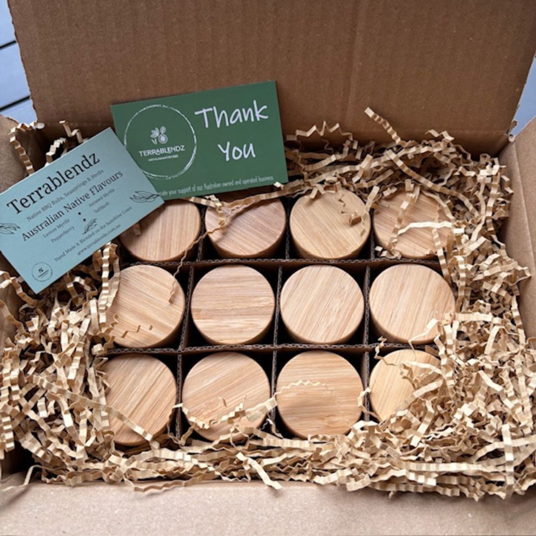 Terrablendz native herb jars in a packaging box.