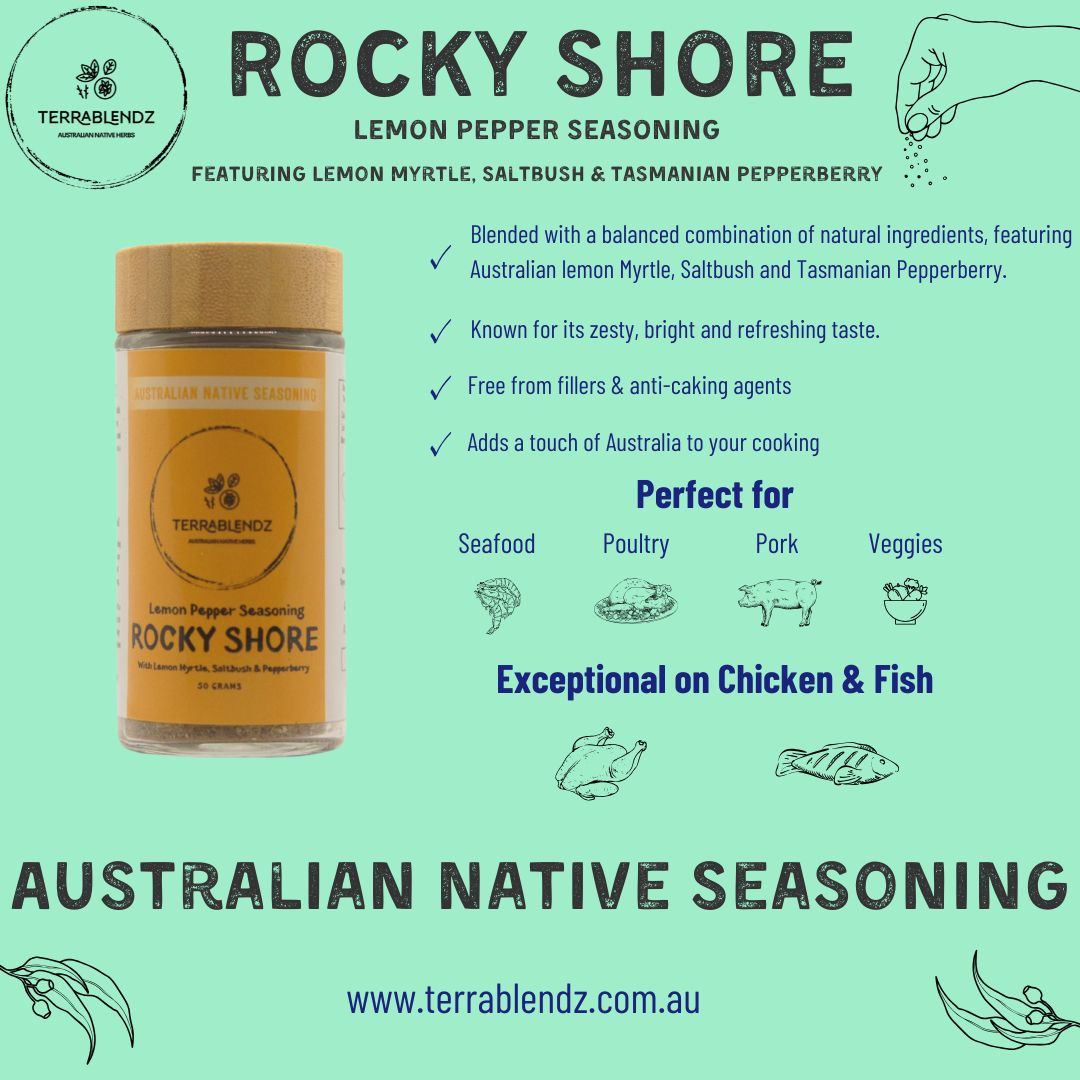 Rocky Shore Lemon Pepper Seasoning (With Lemon Myrtle, Saltbush & Pepperberry) informational Flyer.