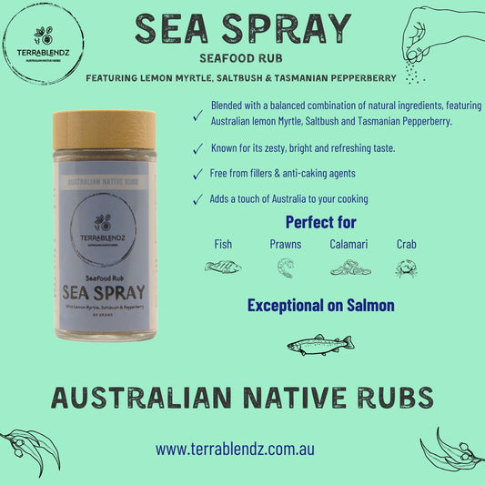 Sea Spray Seafood Rub (With Lemon Myrtle, Saltbush & Pepperberry) Informational Flyer.